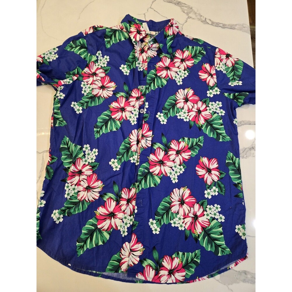Sara USA Hawaiian Button Up Shirt Mens L Blue Floral Leaf Cruise Beach Cotton